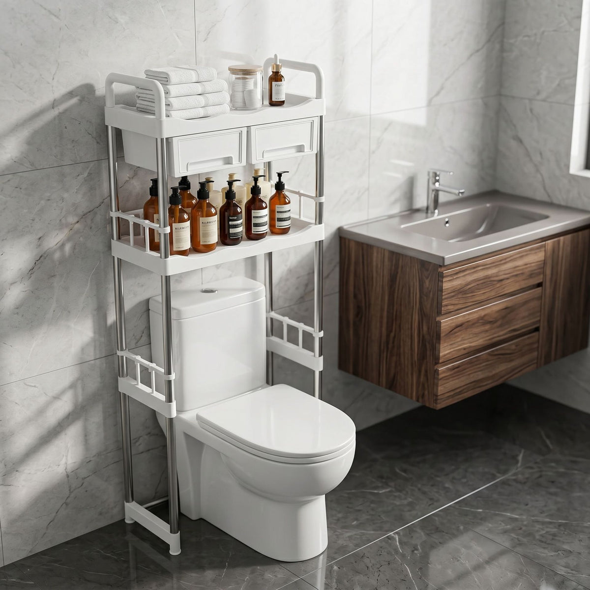 Freestanding Over-the-Toilet Storage Shelf, Bathroom Gap Organizer Rack, Space-Saving Bathroom Storage for Beside Vanity & Toilet